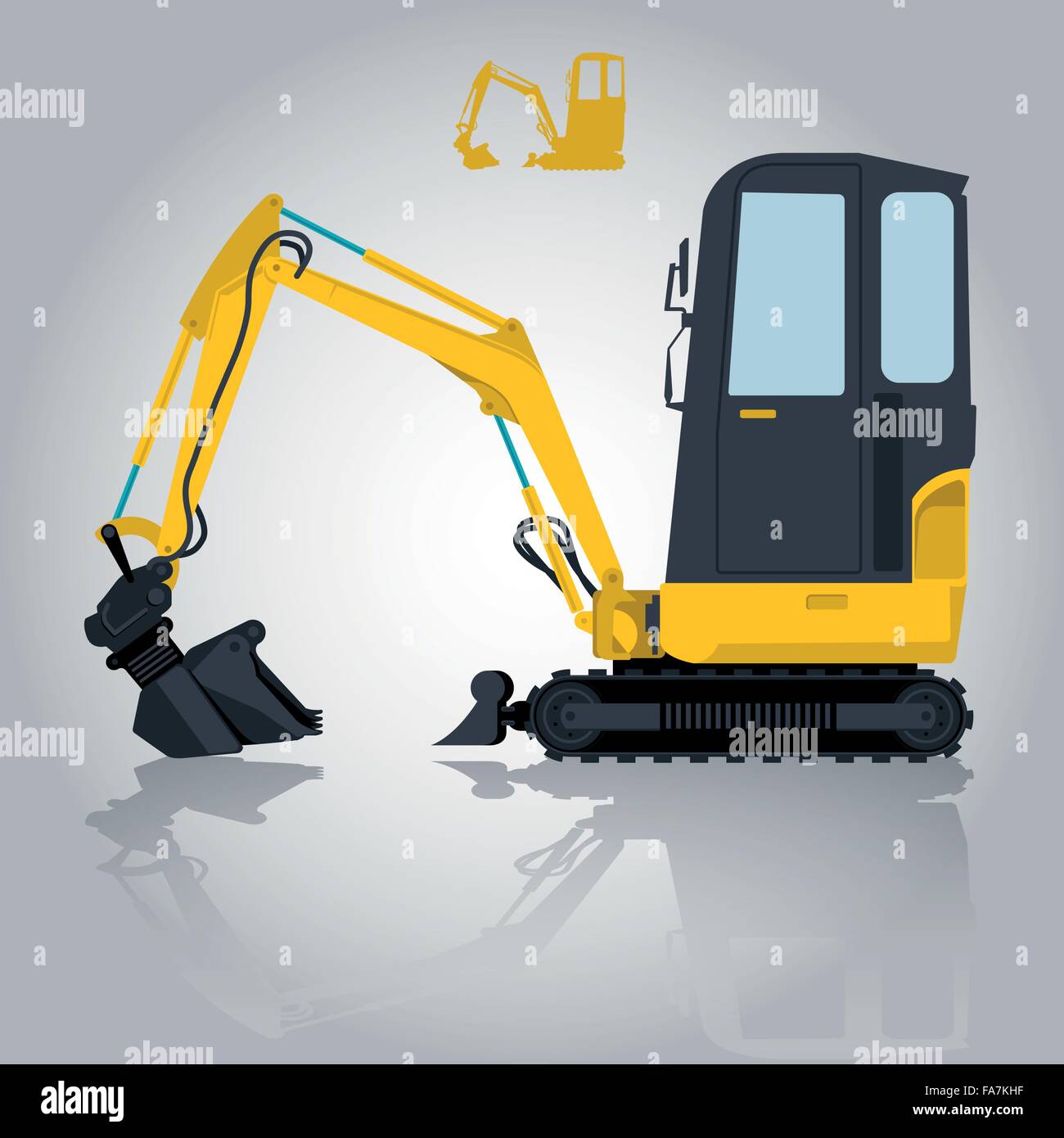 Yellow small digger builds roads, loads building material. Bagger digging of sand coal waste rock and gravel. Illustration Stock Vector