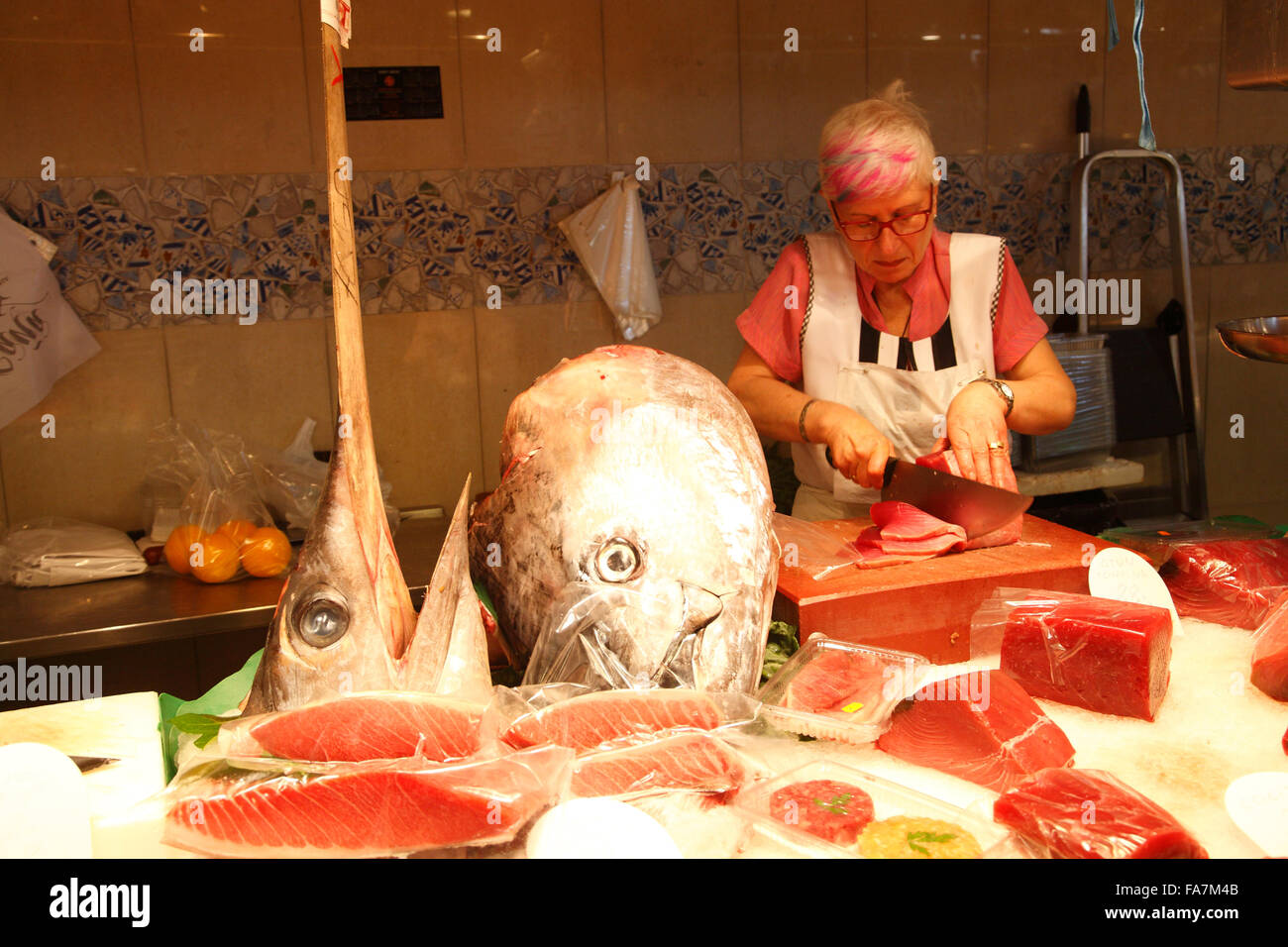 Raval, fish stall at market hall Mercat de la Boqueria, Barcelona, Spain, Europe Stock Photo