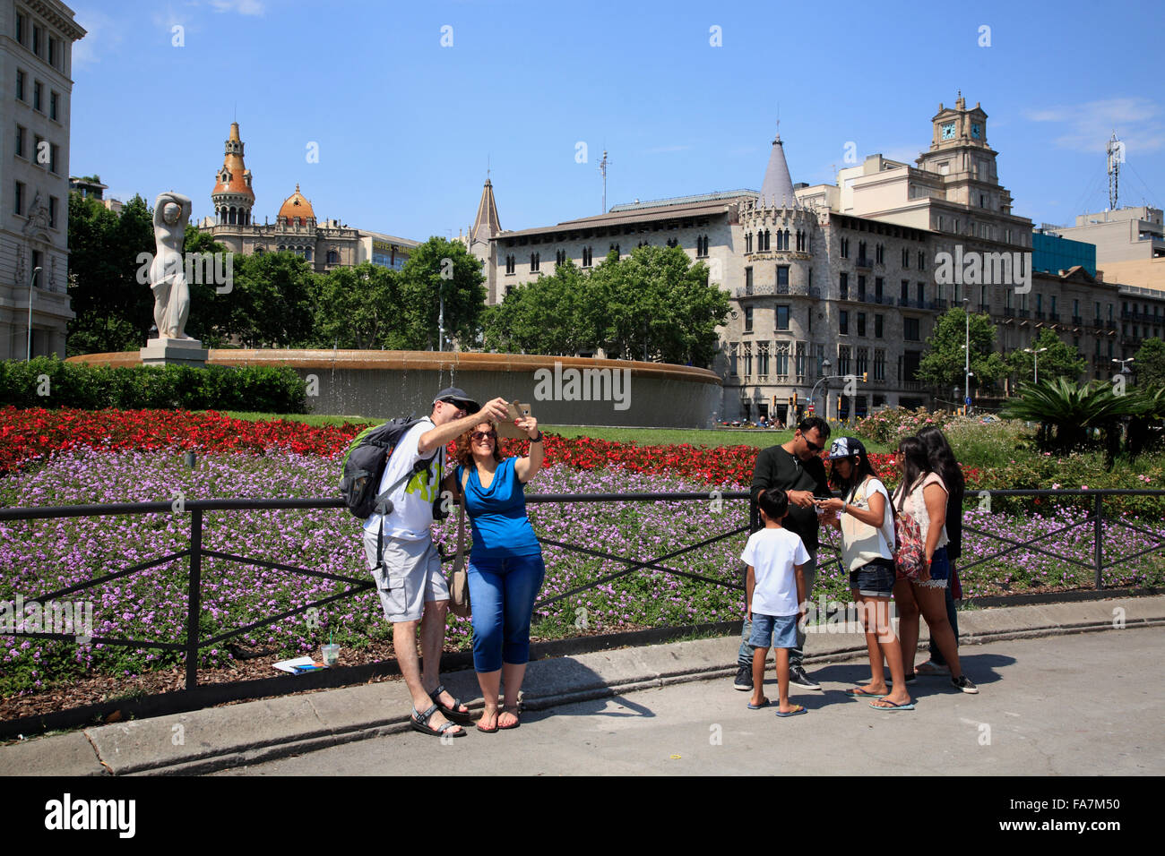 Tourist at Placa Catalunya, Barcelona, Spain, Europe Stock Photo
