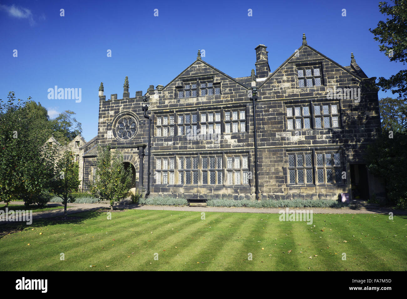 The outside of the house at East Riddlesden Hall, West Yorkshire. East Riddlesden Hall is a 17th century manor house with award-winning gardens. Stock Photo