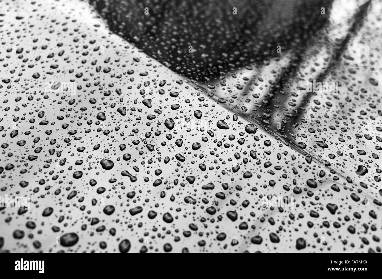Black shining metallic car hood with raindrops, closeup photo with