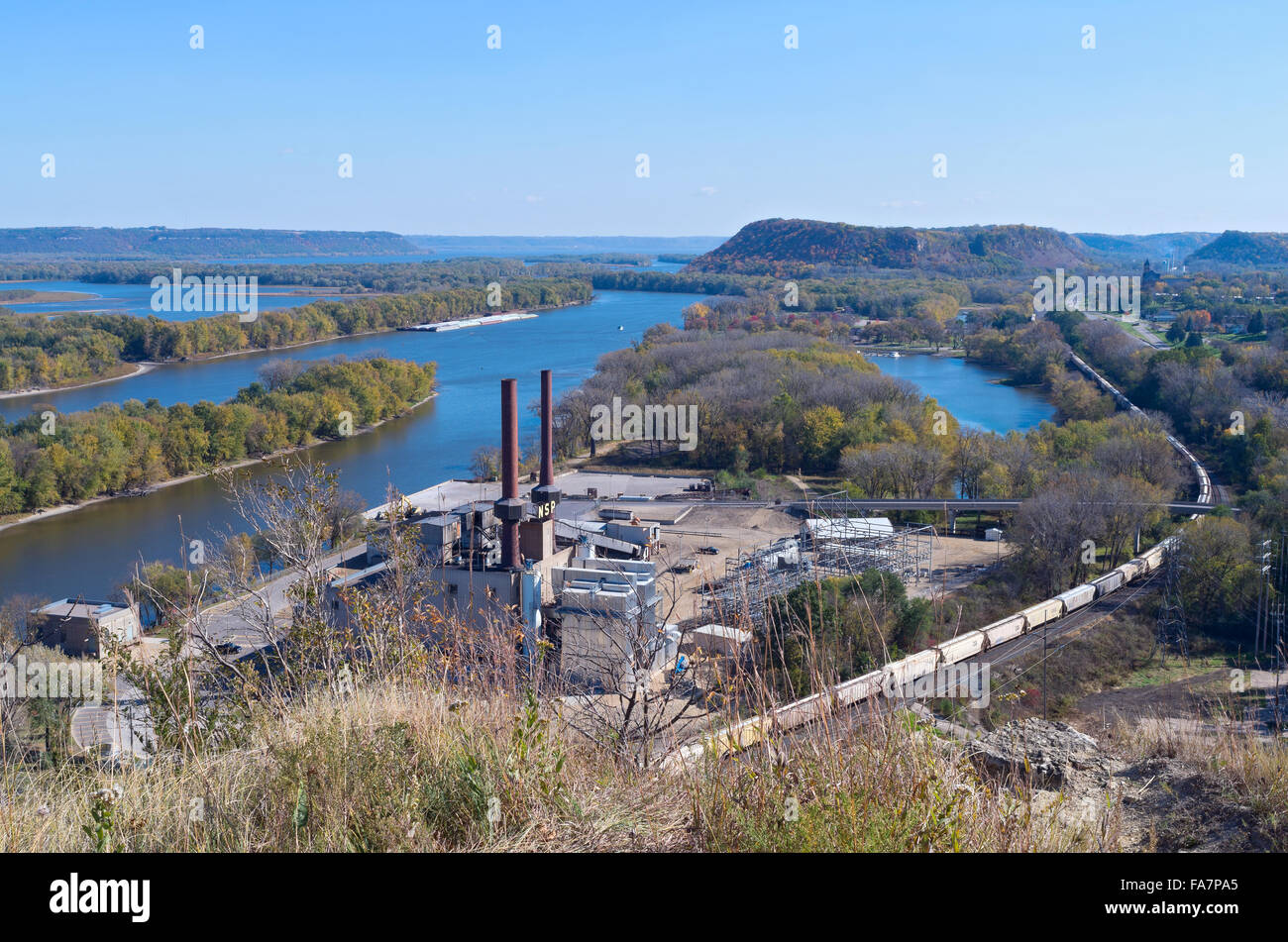 aerial view of red wing minnesota mississippi river and power plant 