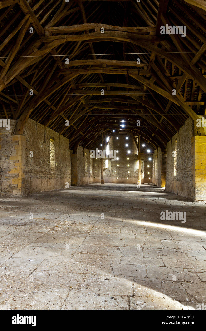 Interior of the thirteenth century Middle Littleton Tithe Barn, Evesham, Worcestershire. Stock Photo