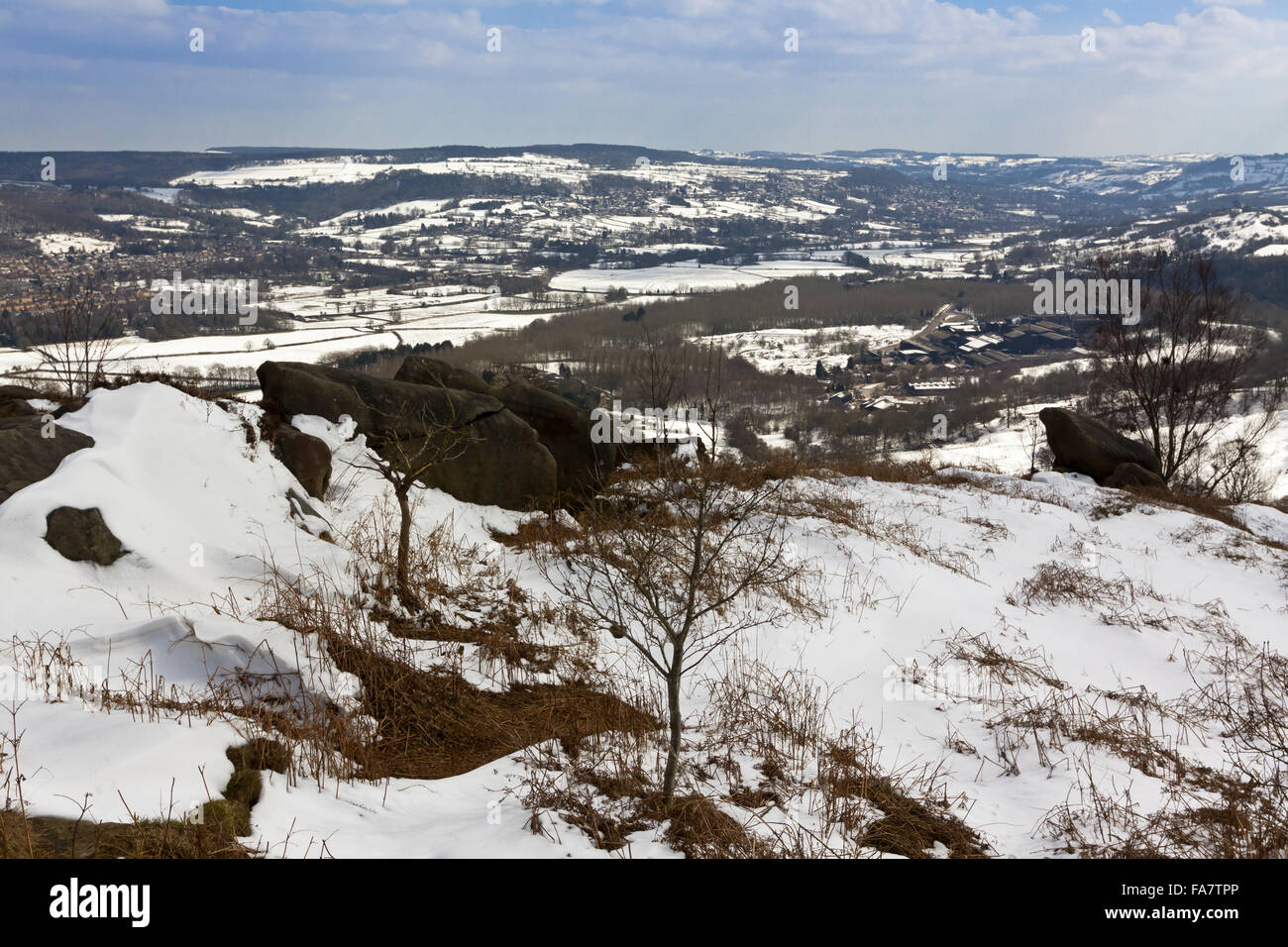 Snowcovered view from Stanton Moor Edge towards Darley Dale in the