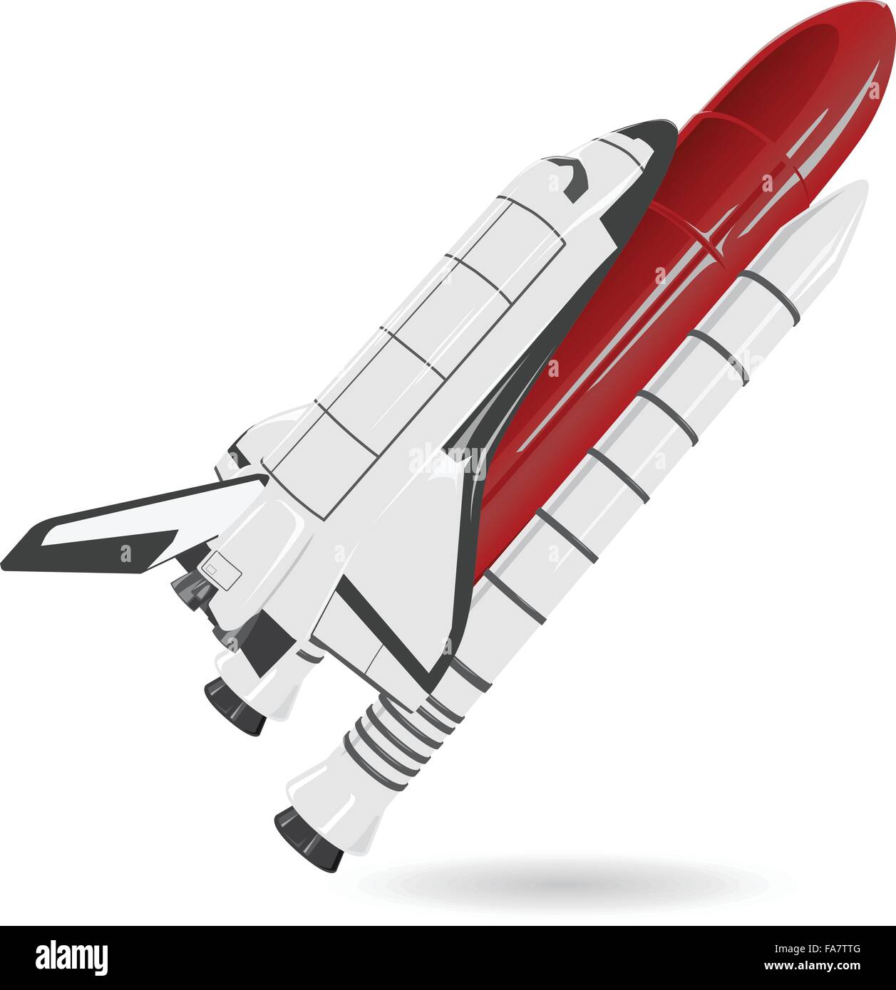 White and red nice space shuttle on white - nice flighting spaceship fuel tank - flatten isolated illustration master vector Stock Vector