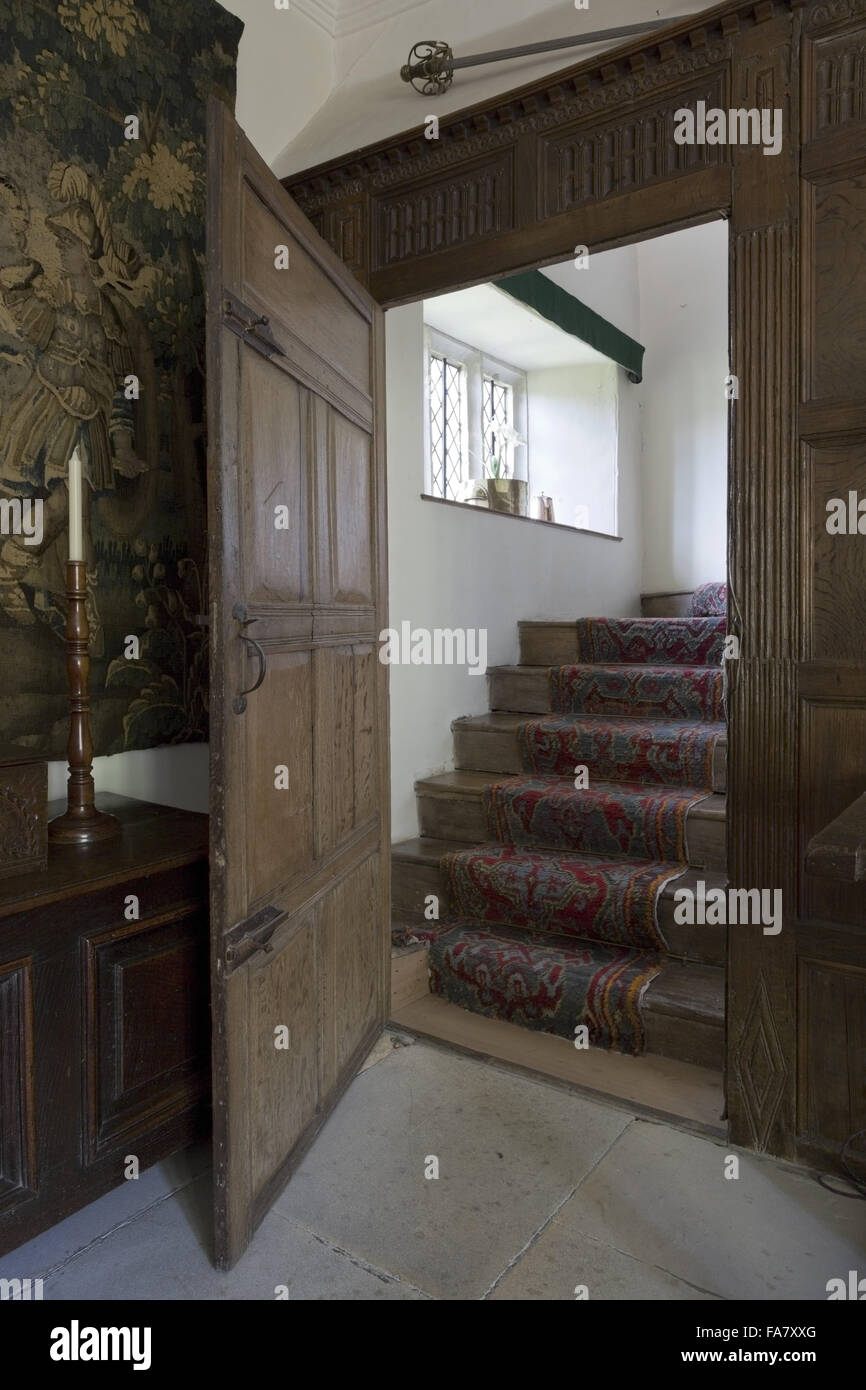 The panelling and doorway to the stairs from the Hall, Westwood Manor