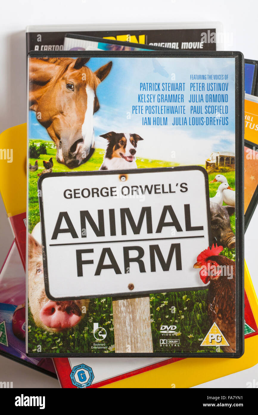 pile of DVDs with George Orwell's Animal Farm DVD on top set on white background Stock Photo