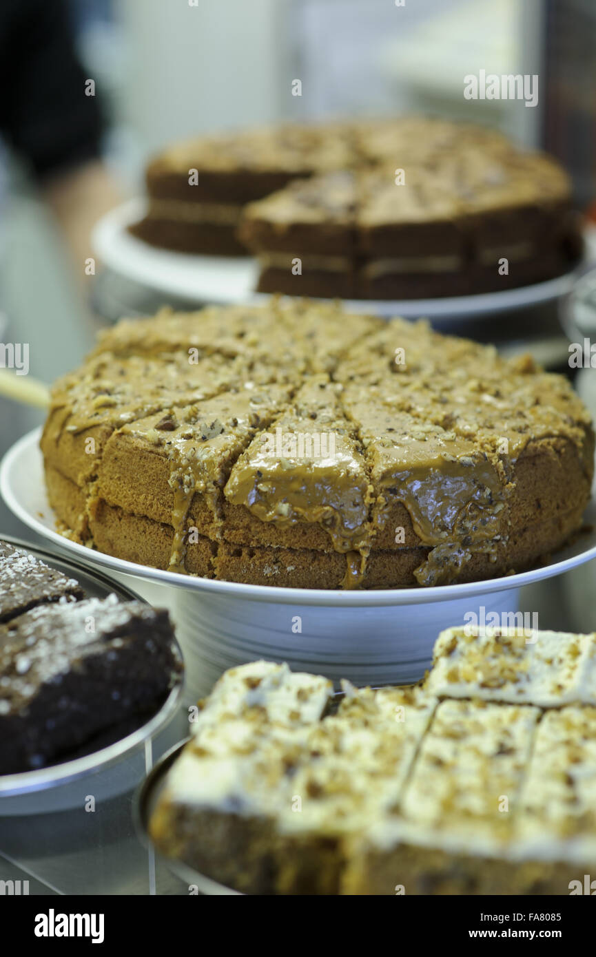 Cakes on display in the Servery at Box Hill, Surrey. Stock Photo