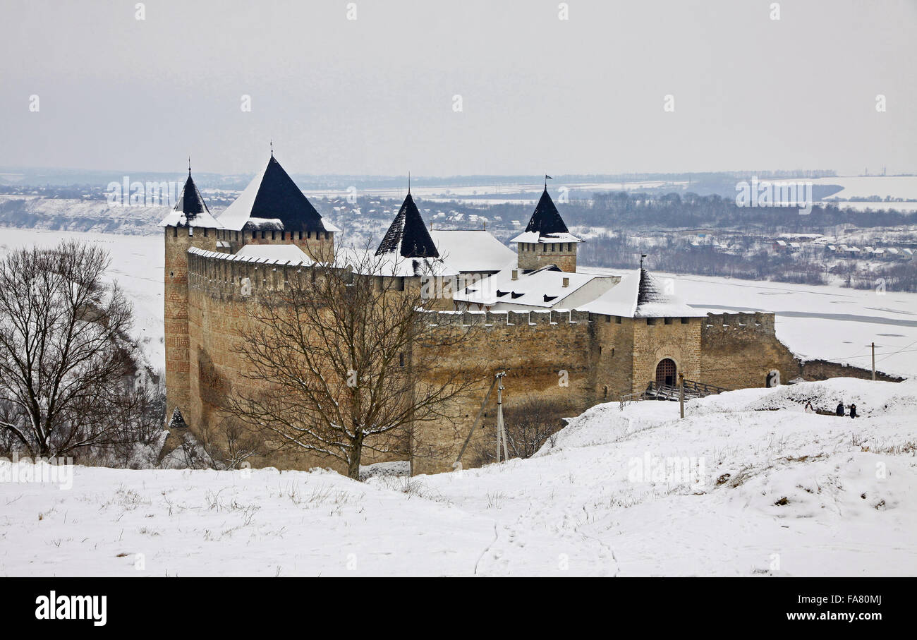 Winter view of Medieval Fortress in Hotin, Ukraine Stock Photo
