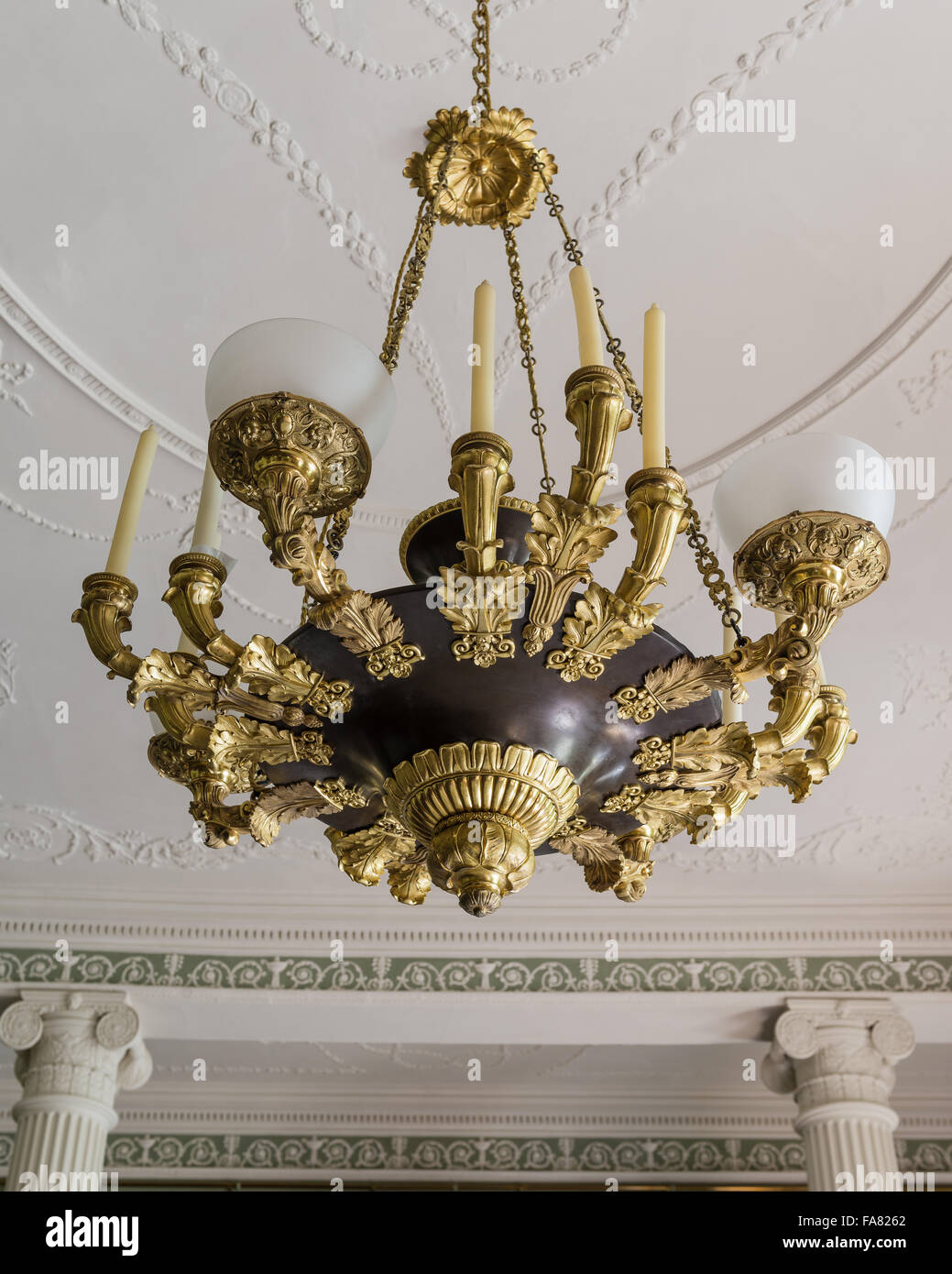 Chandelier in the Dining Room at Killerton, Devon. Glass and metal. National Trust Inventory Number 922021. Stock Photo