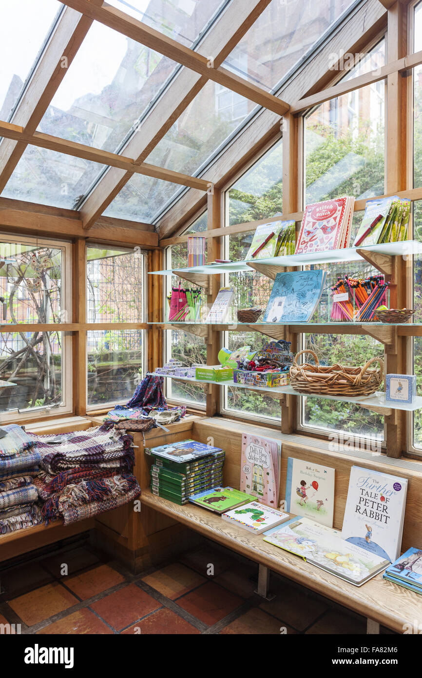 Children's books, rugs and other products on display in the shop, Sutton House and Breakers Yard, Hackney, London. Stock Photo