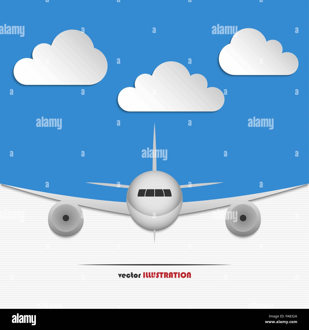 Abstract blue background with clouds and landing airplane for your design Stock Vector