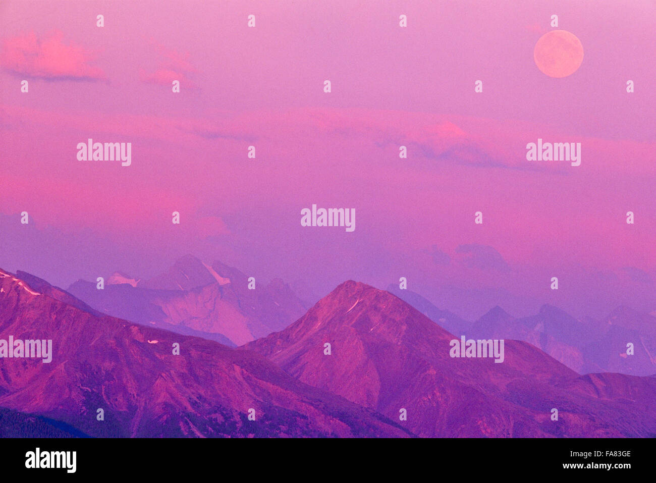 View of Victoria cross Range with moon rise at sunset in Jasper