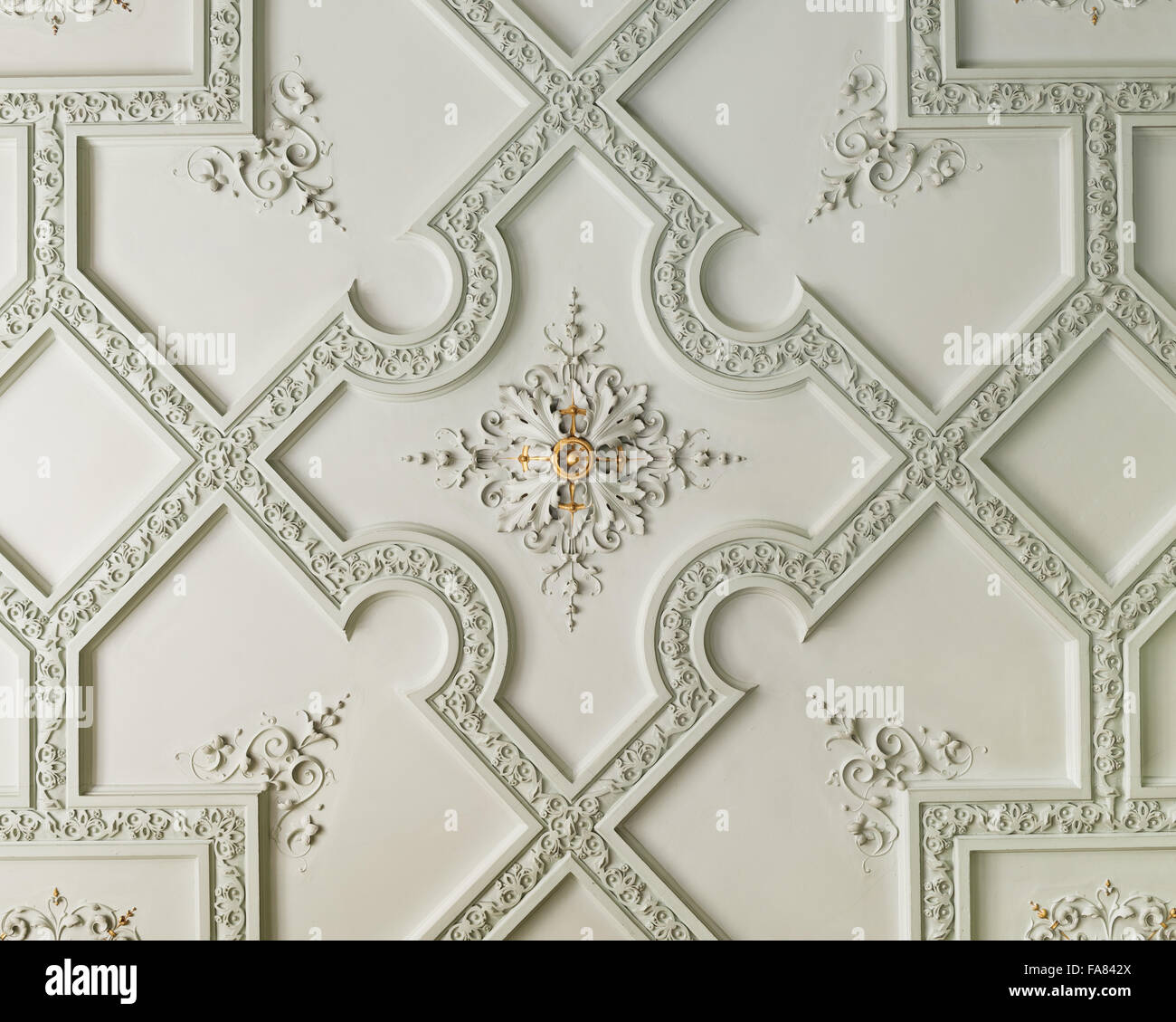 Detail of the plasterwork of the neoJacobean ceiling designed by