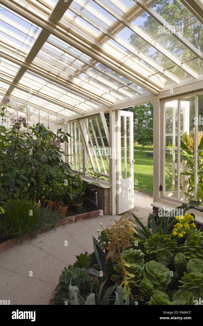 A view looking out of the greenhouse at Lacock Abbey, Wiltshire, in