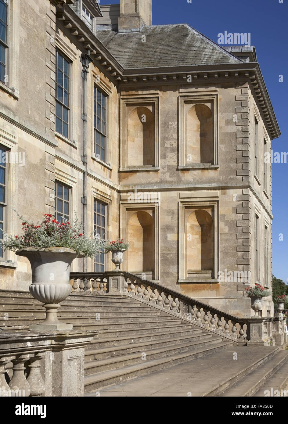 Oblique view of the south front of Belton House, Lincolnshire. The house was built in the 1680s and its designer is thought to be William Winde. Stock Photo