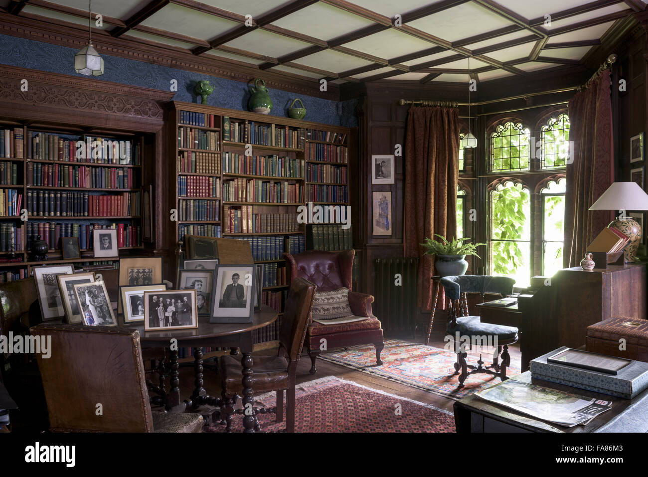 An interior view of Wightwick Manor and Gardens, West Midlands. Wightwick Manor was begun in 1887 in the 'Old English' style, and has a superb collection of William Morris fabrics and Pre-Raphaelite paintings. Stock Photo