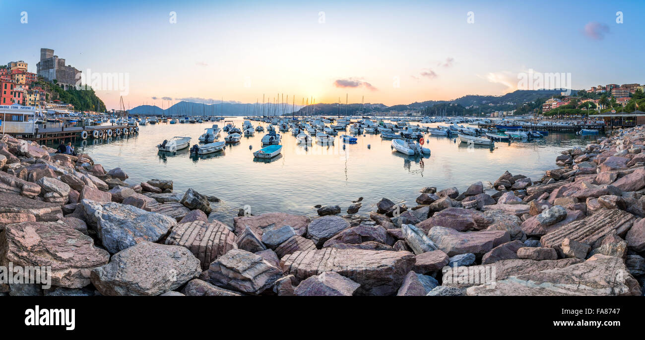 sunset view of port and old town of Lerici, Italy. Stock Photo