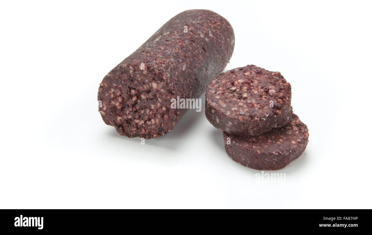 Sliced and whole Irish black pudding, soft, pudding also