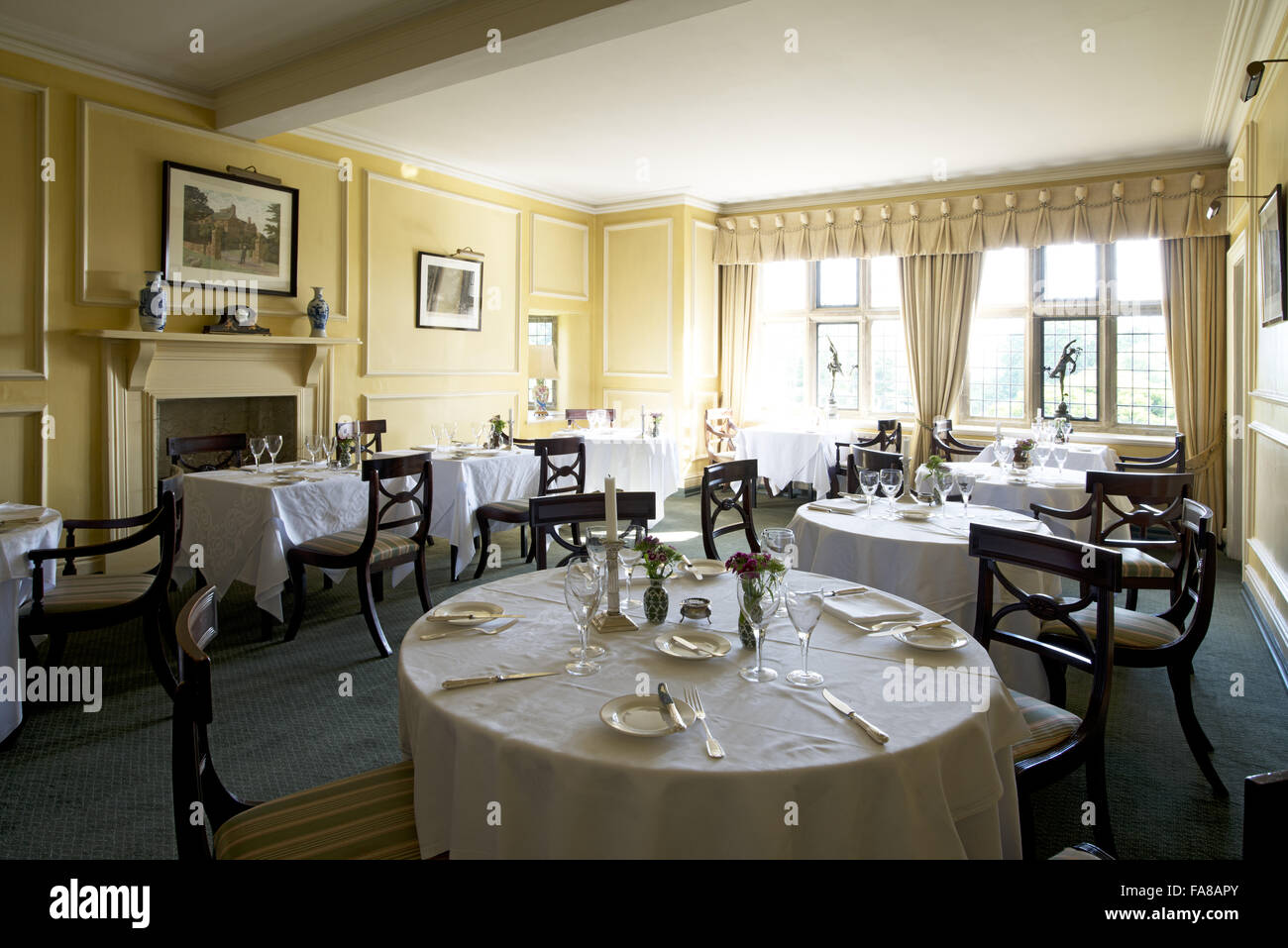 Dining Room at Bodysgallen Hall Hotel, Restaurant and Spa, Llandudno, Conwy, Wales. This part of the dining room can be adapted for conference use. Stock Photo