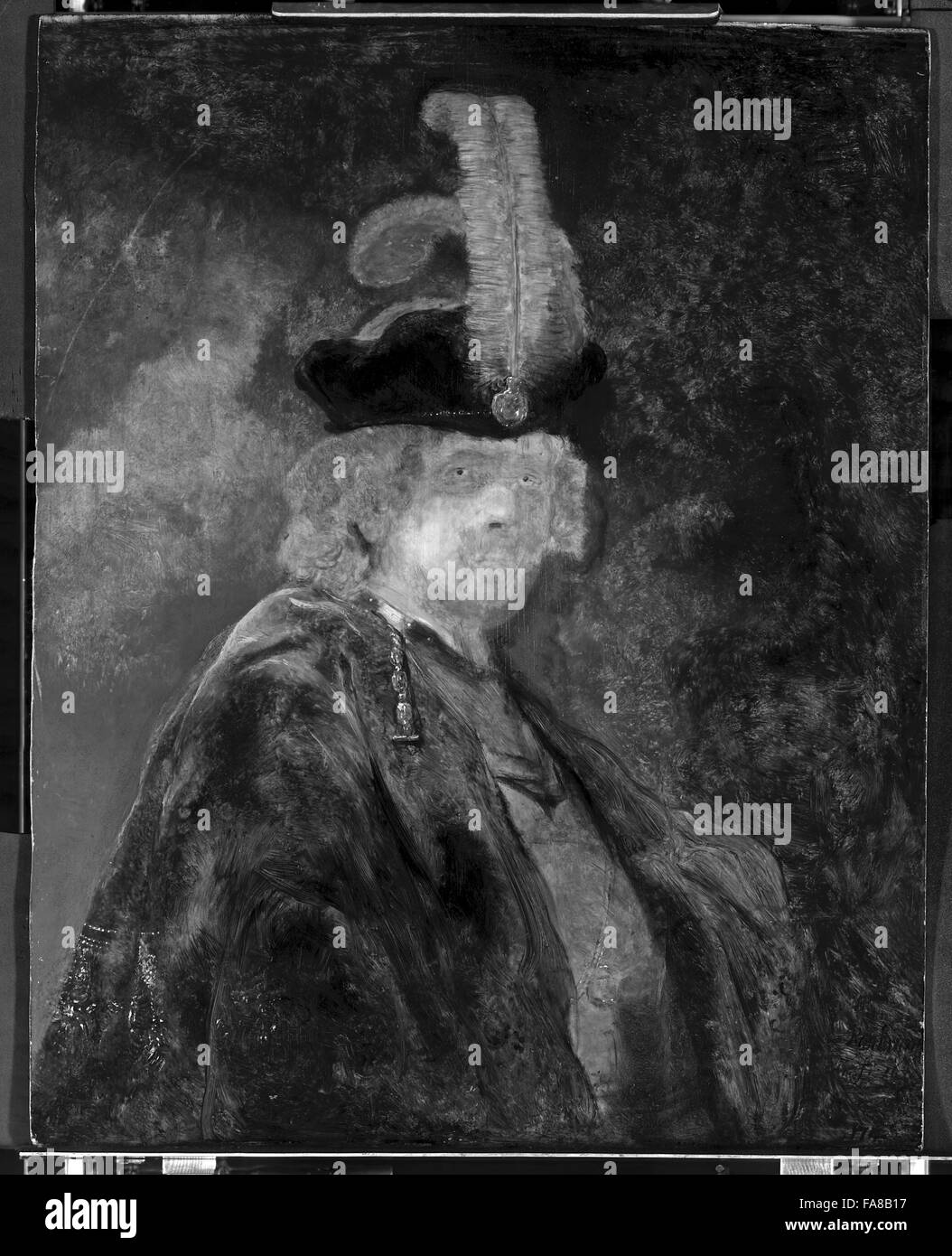 X-Ray of SELF PORTRAIT WEARING A WHITE FEATHERED BONNET, studio of Rembrandt van Rijn (Leyden 1606 - Amsterdam 1669), 1635. Oil on wood panel 959 x 911 mm (37 3/4 x 35 7/8 in). Painting shown in October 2013, prior to analysis and restoration work being u Stock Photo