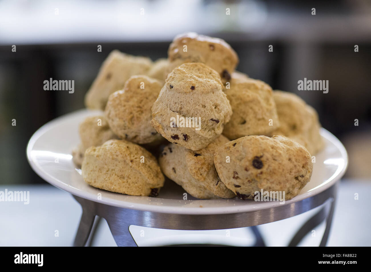 Homemade scones for sale in the Mote Restaurant at Ightham Mote, Kent. Ightham Mote is a medieval moated manor house near Sevenoaks. Stock Photo