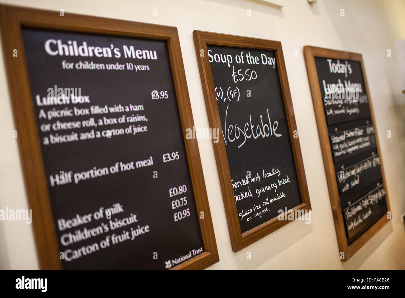 Menu boards at the Mote Restaurant at Ightham Mote, Kent. Ightham Mote is a medieval moated manor house near Sevenoaks. Stock Photo