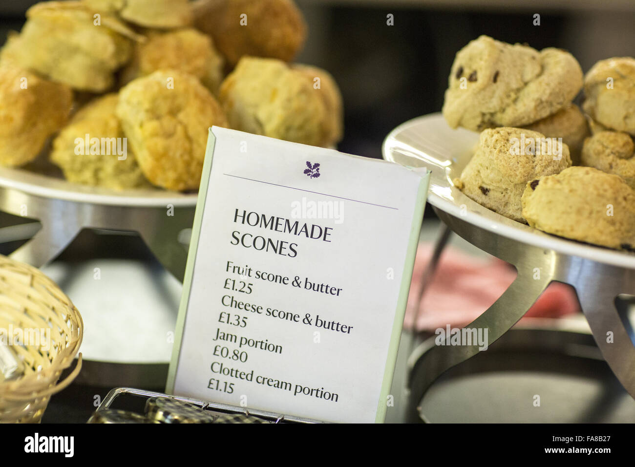Homemade scones for sale in the Mote Restaurant at Ightham Mote, Kent. Ightham Mote is a medieval moated manor house near Sevenoaks. Stock Photo