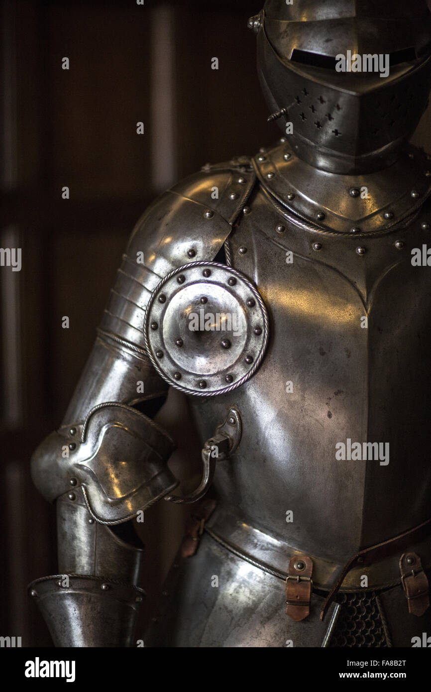 Detail of a suit of armour at Ightham Mote, Kent. Ightham Mote is a medieval moated manor house near Sevenoaks. Stock Photo
