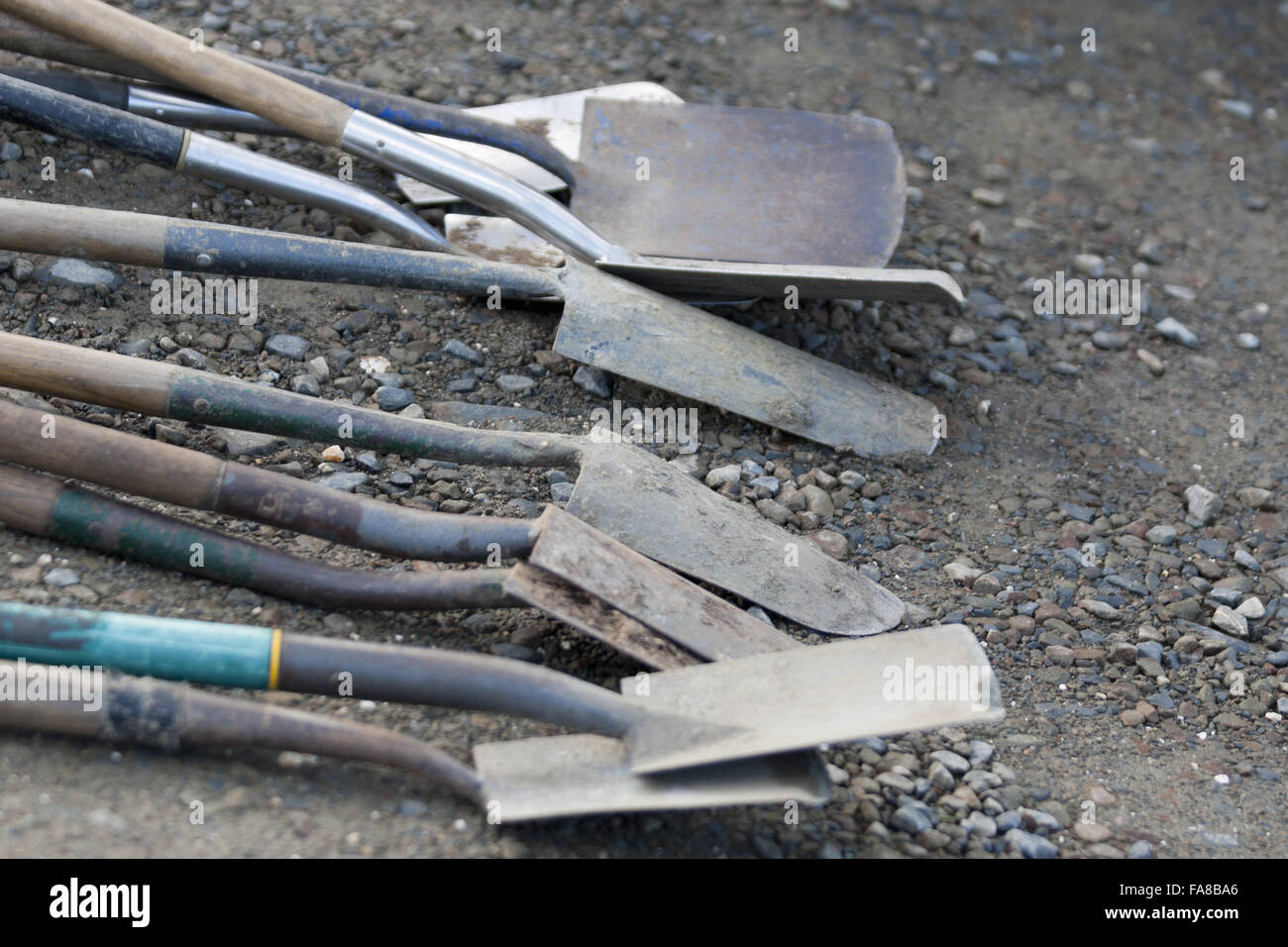 Spades used by volunteers clearing scrub at Sandy Mouth, Cornwall Stock ...