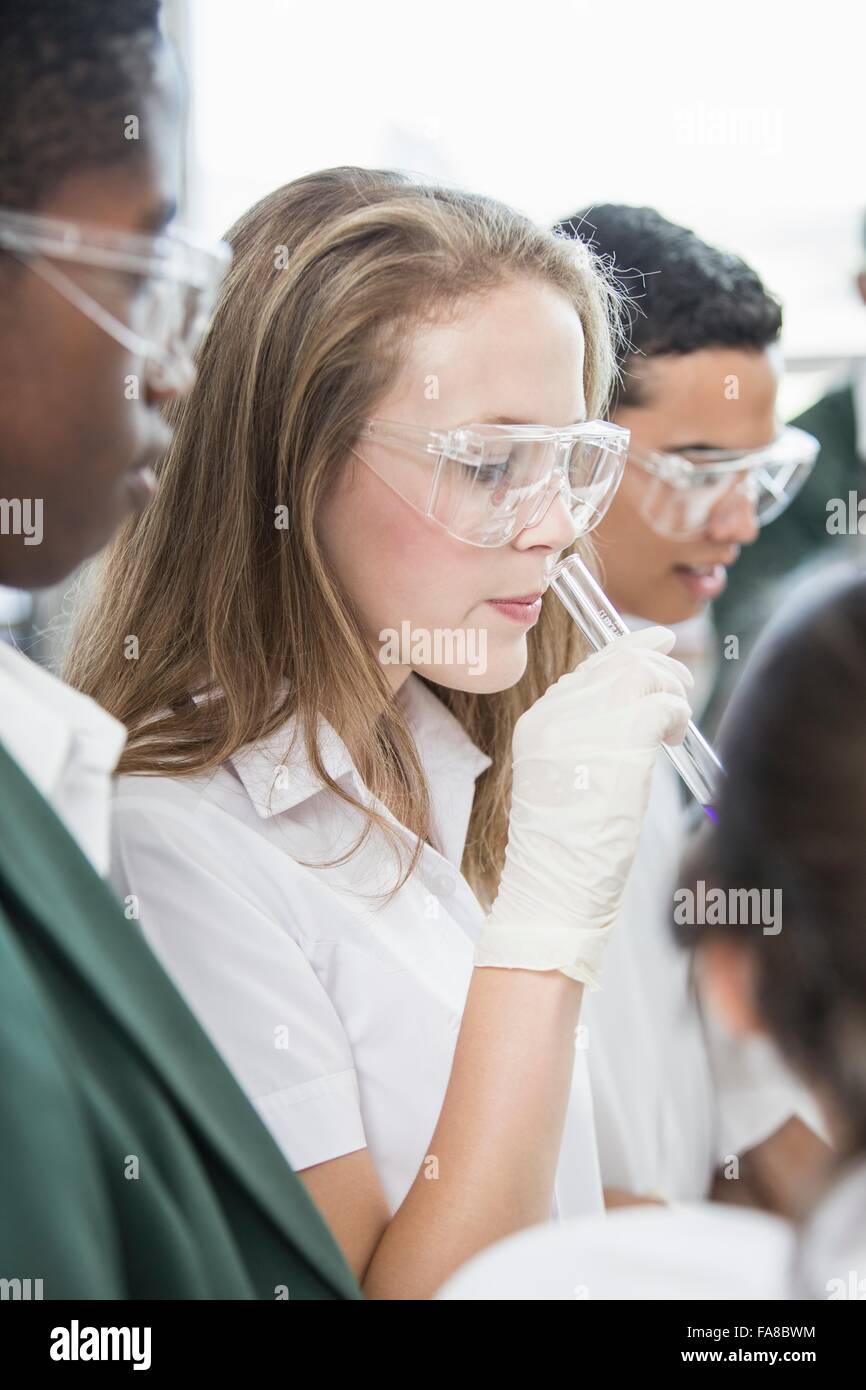 Students conducting experiment in lab Stock Photo