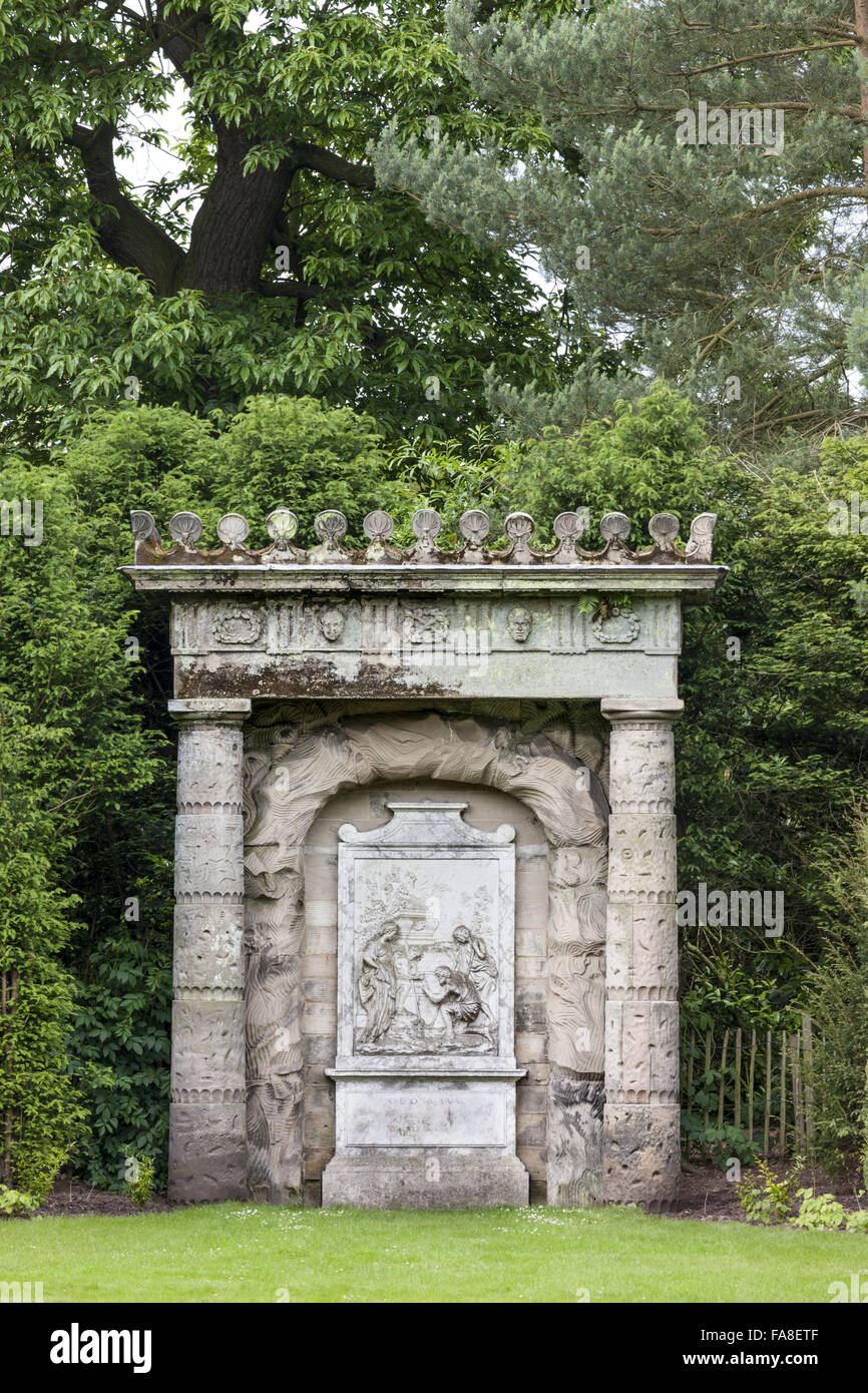 The Shepherd's Monument on the Shugborough Estate, Staffordshire. The Monument was designed by Thomas Wright and was probably built c.1750. It takes its name from the marble relief sculpture based on an engraving after Nicolas Poussin¿s painting `Et in Ar Stock Photo