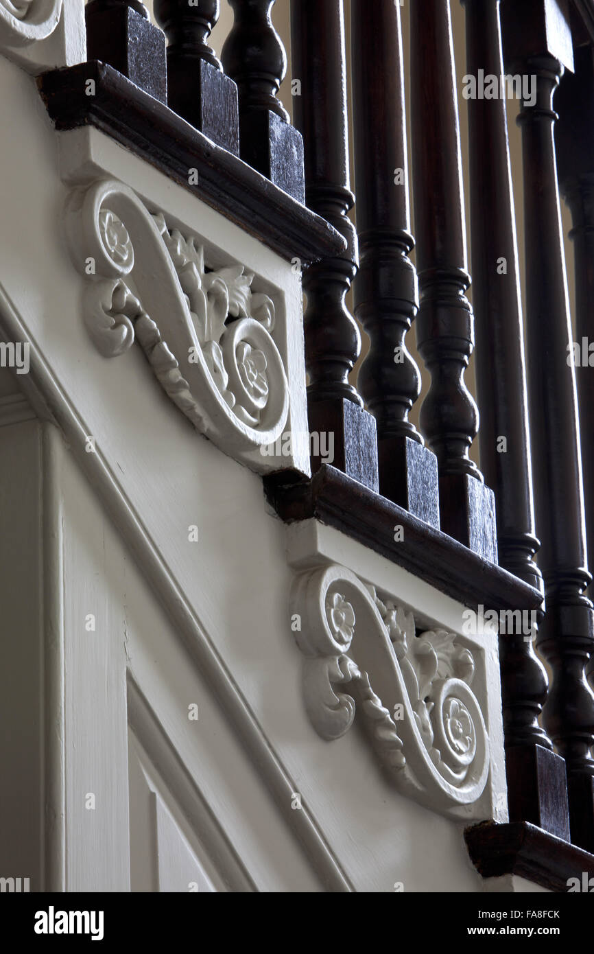 Close view of the mouldings and banisters of the Staircase at Wordsworth House, Cockermouth, Cumbria. Stock Photo