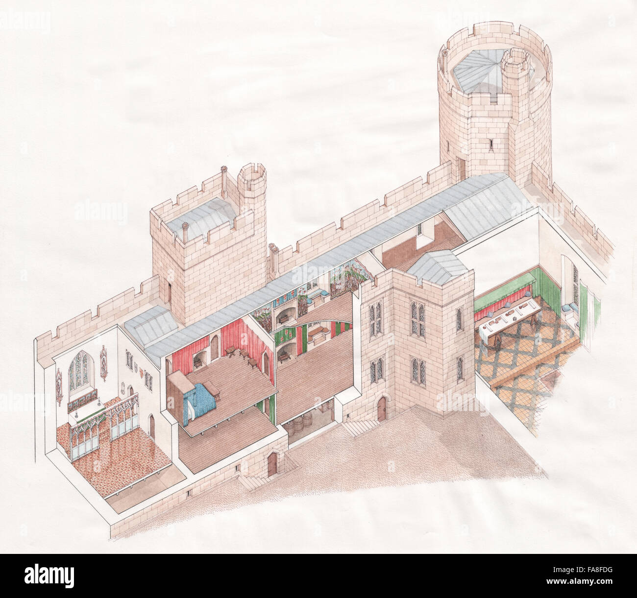 A cutaway reconstruction drawing of the inner apartments in the east range at Bodiam Castle, East Sussex. Illustration by Stephen Conlin. Stock Photo