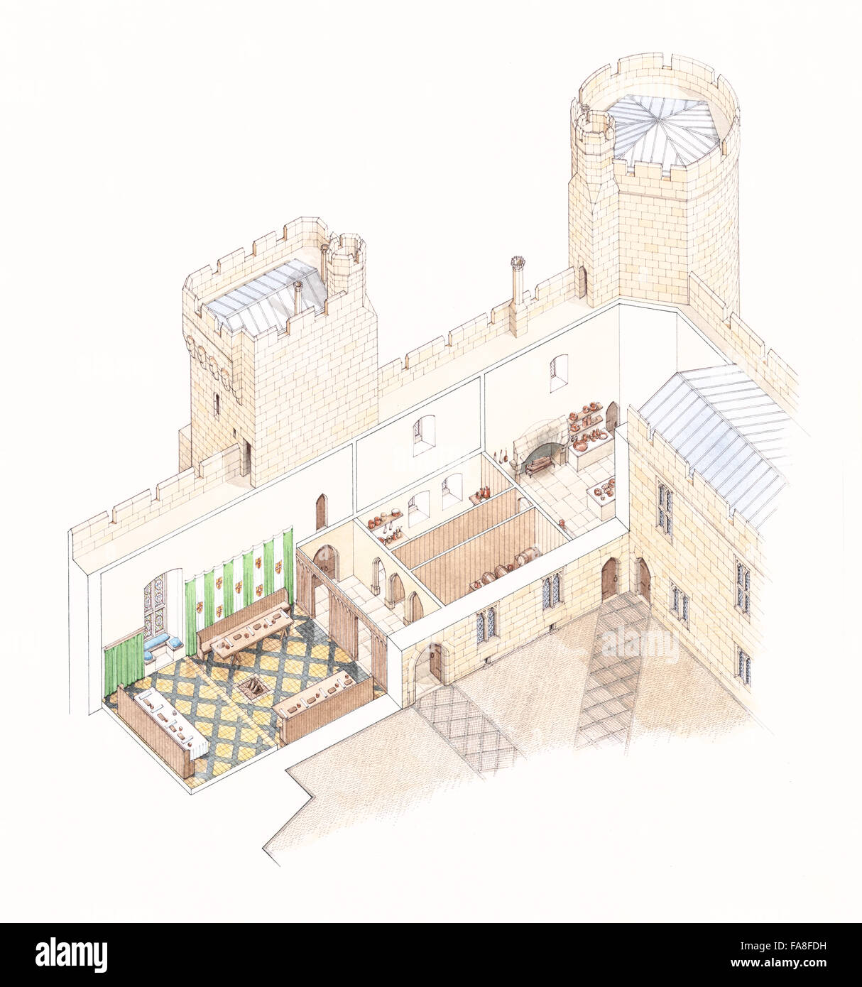 Cutaway reconstruction section drawing of The Great Hall range at Bodiam Castle, East Sussex. Illustration by Stephen Conlin. Stock Photo