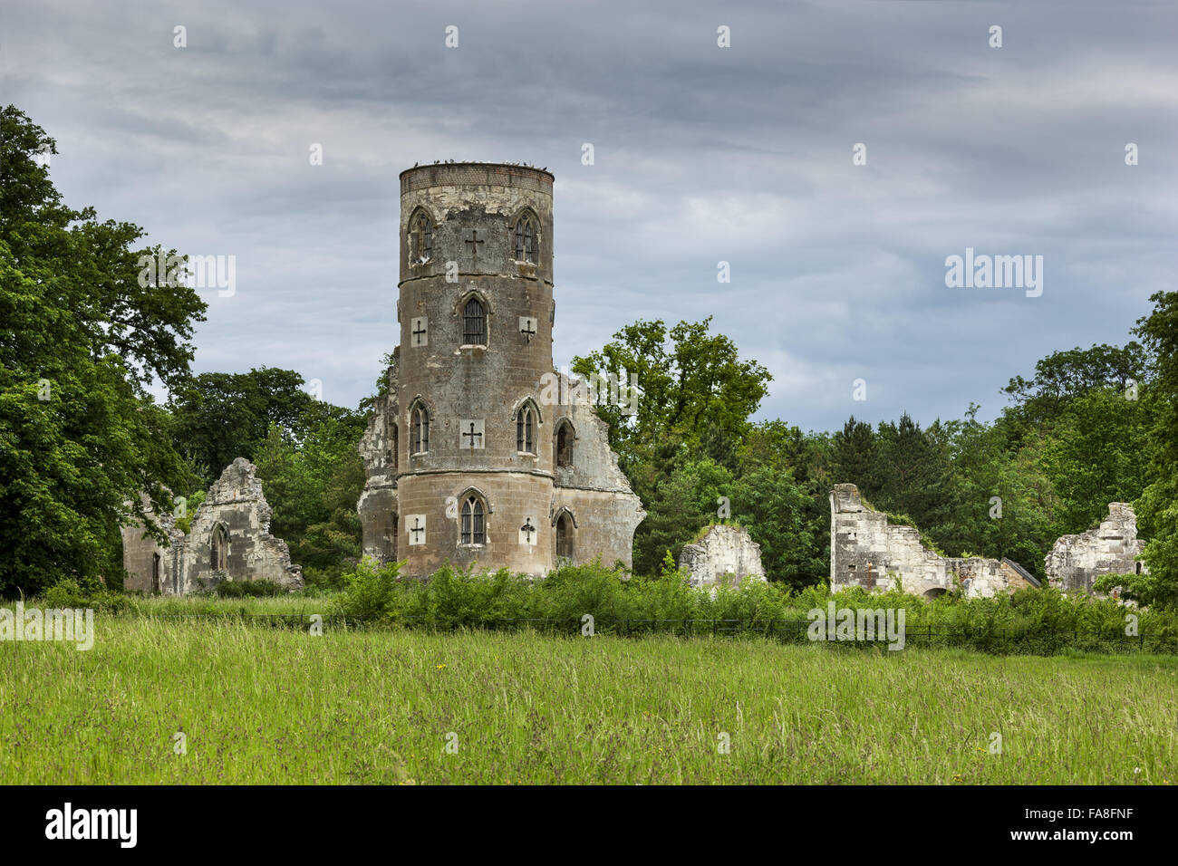 The Gothic Tower on Johnson's Hill on the Wimpole Estate, Cambridgeshire. The Tower was built in 1774 to the designs of James Essex, based on the original plans twenty five years earlier by Sanderson Miller. Stock Photo