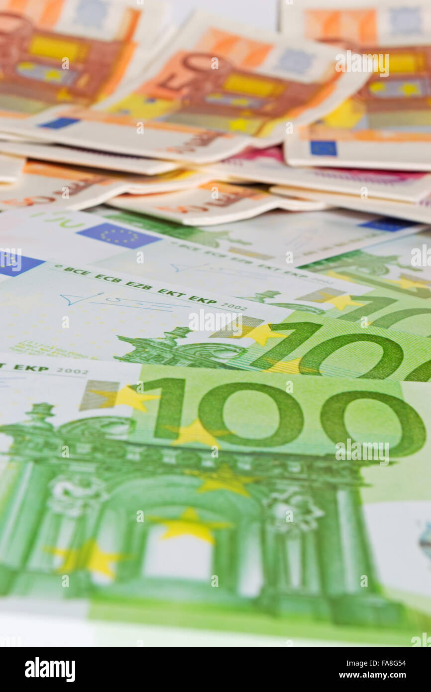 several euro banknotes on a table Stock Photo