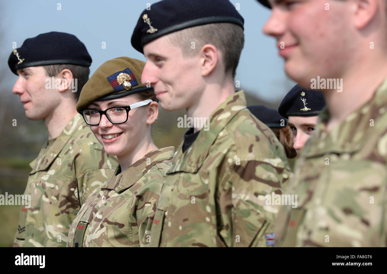 Male and female Army Cadets on parade in uniform. Stock Photo