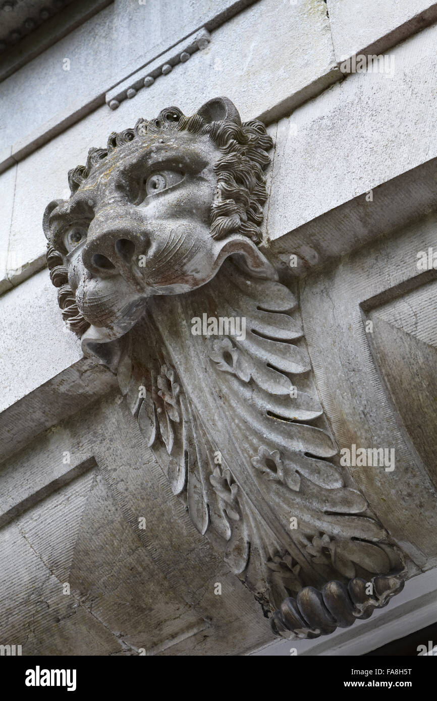 Carved lion's head at the west entrance at The Argory, County Armagh. Stock Photo