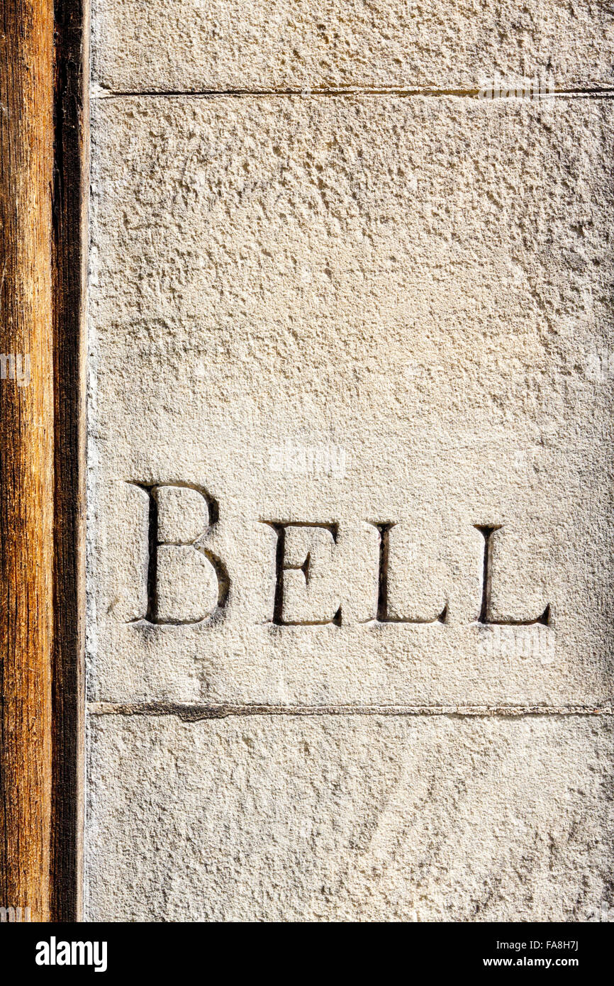 Detail of bell inscription next to the main entrance door on the south front of Sudbury Hall, Derbyshire. Stock Photo