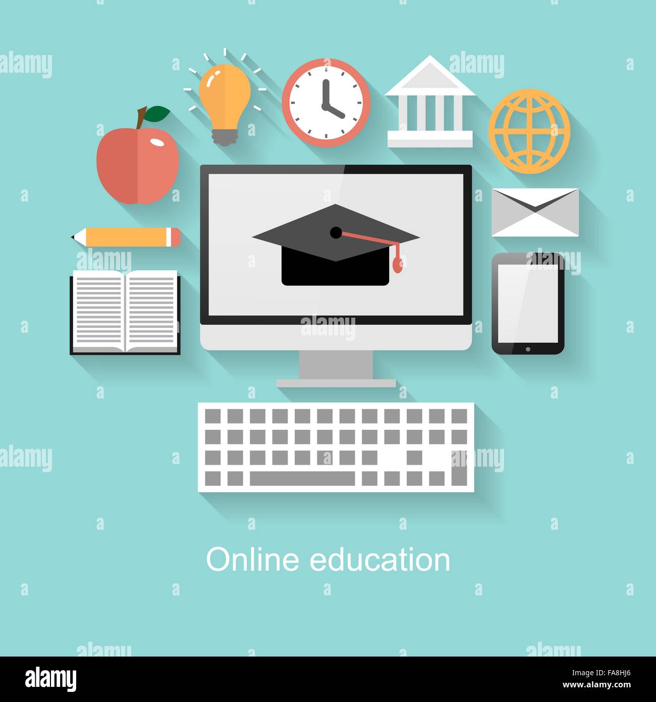 Online education concept, flat design with long shadow on turquoise background Stock Vector