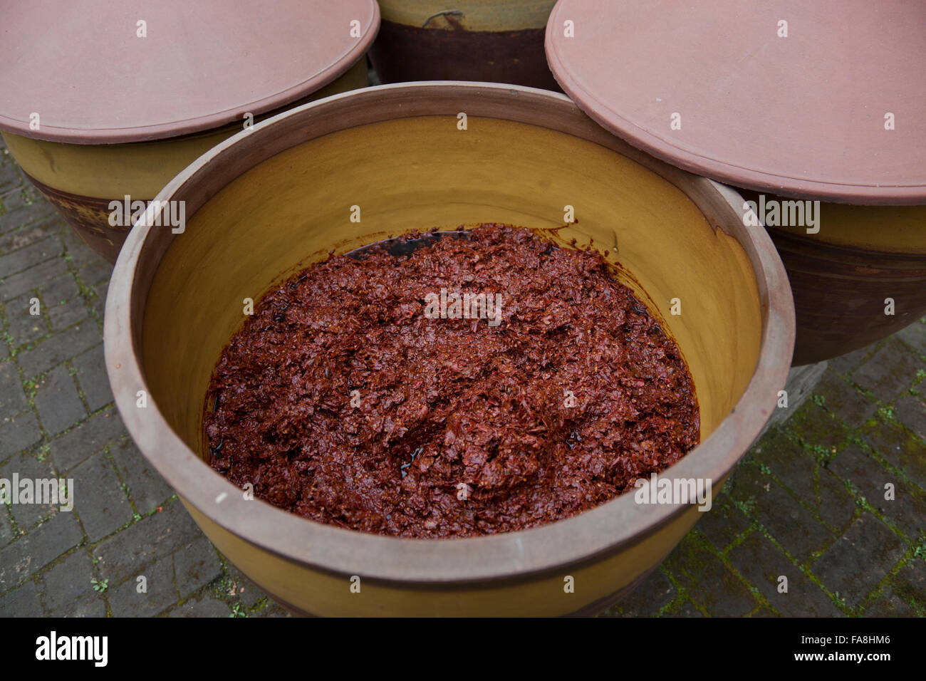Pixian chilli bean paste maturing in earthenware vats in a yard in Chengdu in Sichuan in China. Stock Photo