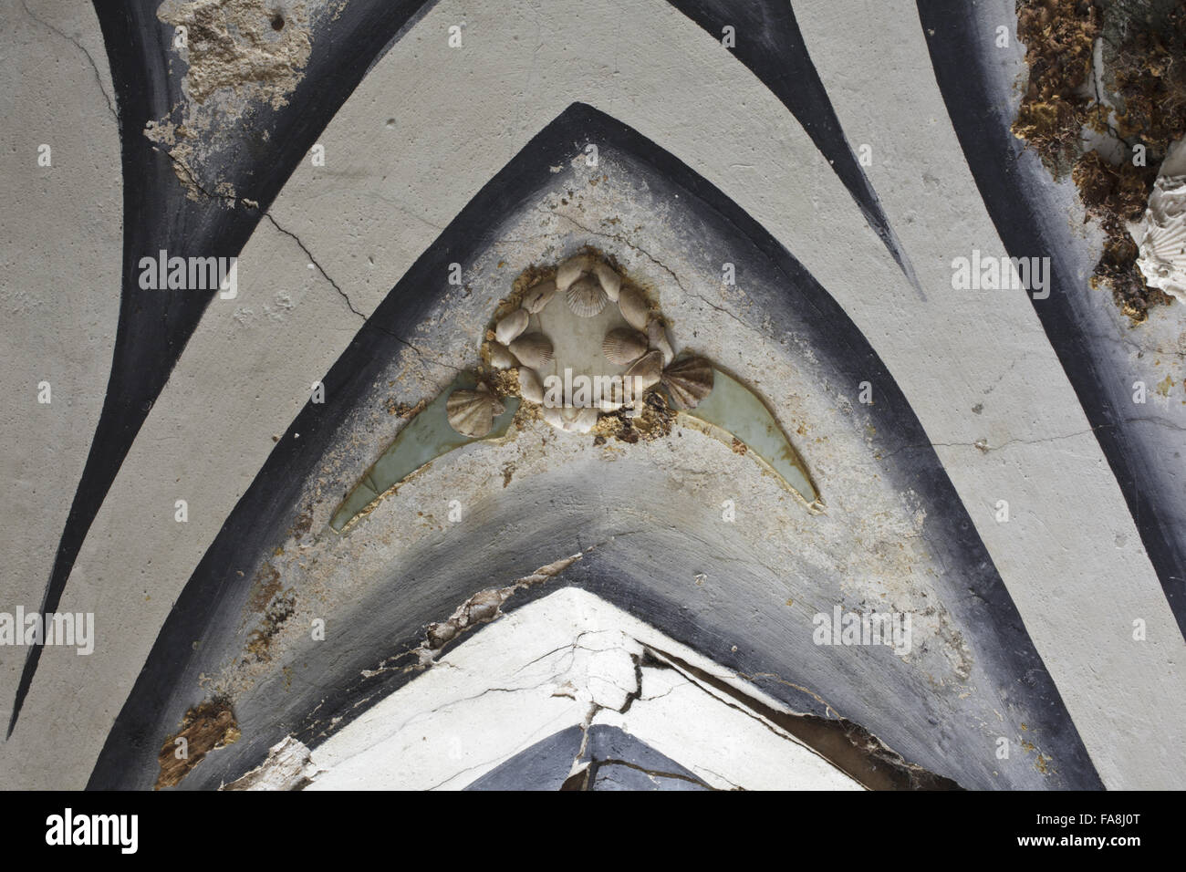 Detail of part of the decoration on the upper stairs of the Shell Gallery at A la Ronde, Devon. Stock Photo