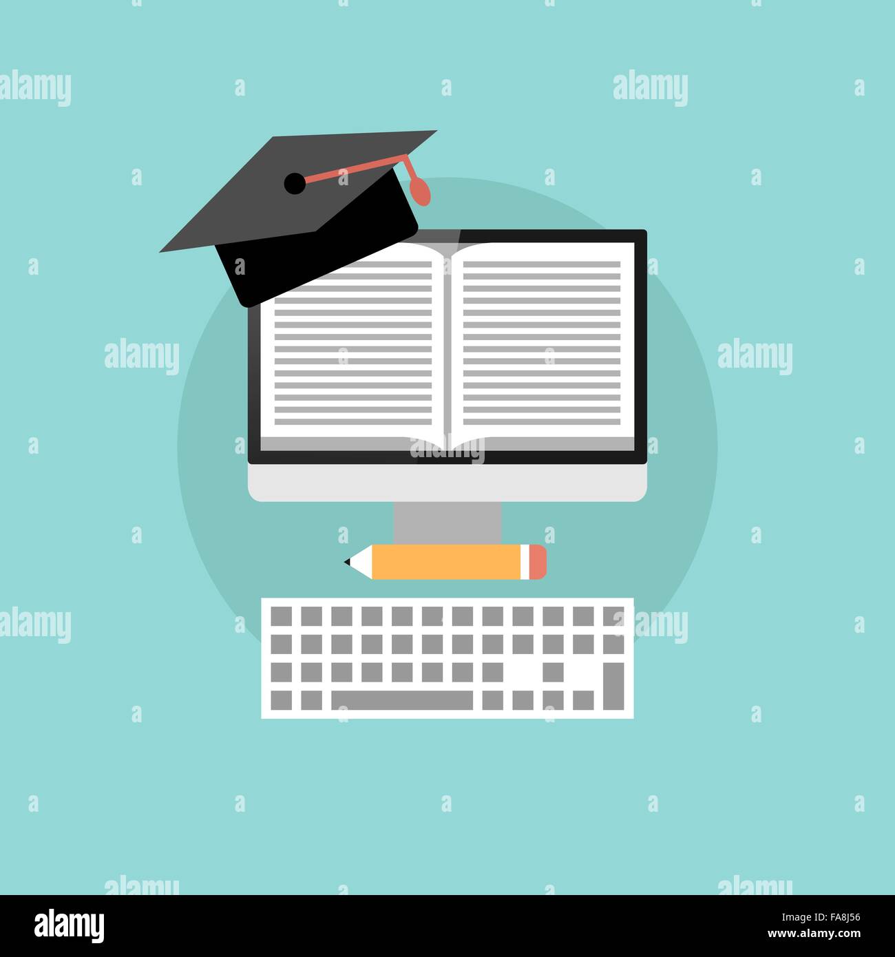 Online education concept, flat design of monitor with book, mortarboard and keyboard with long shadow on turquoise background Stock Vector