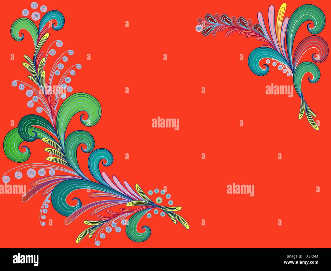 Abstract floral greeting card with beautiful colorful stylized flowers on an orange background, hand drawing vector illustration Stock Vector