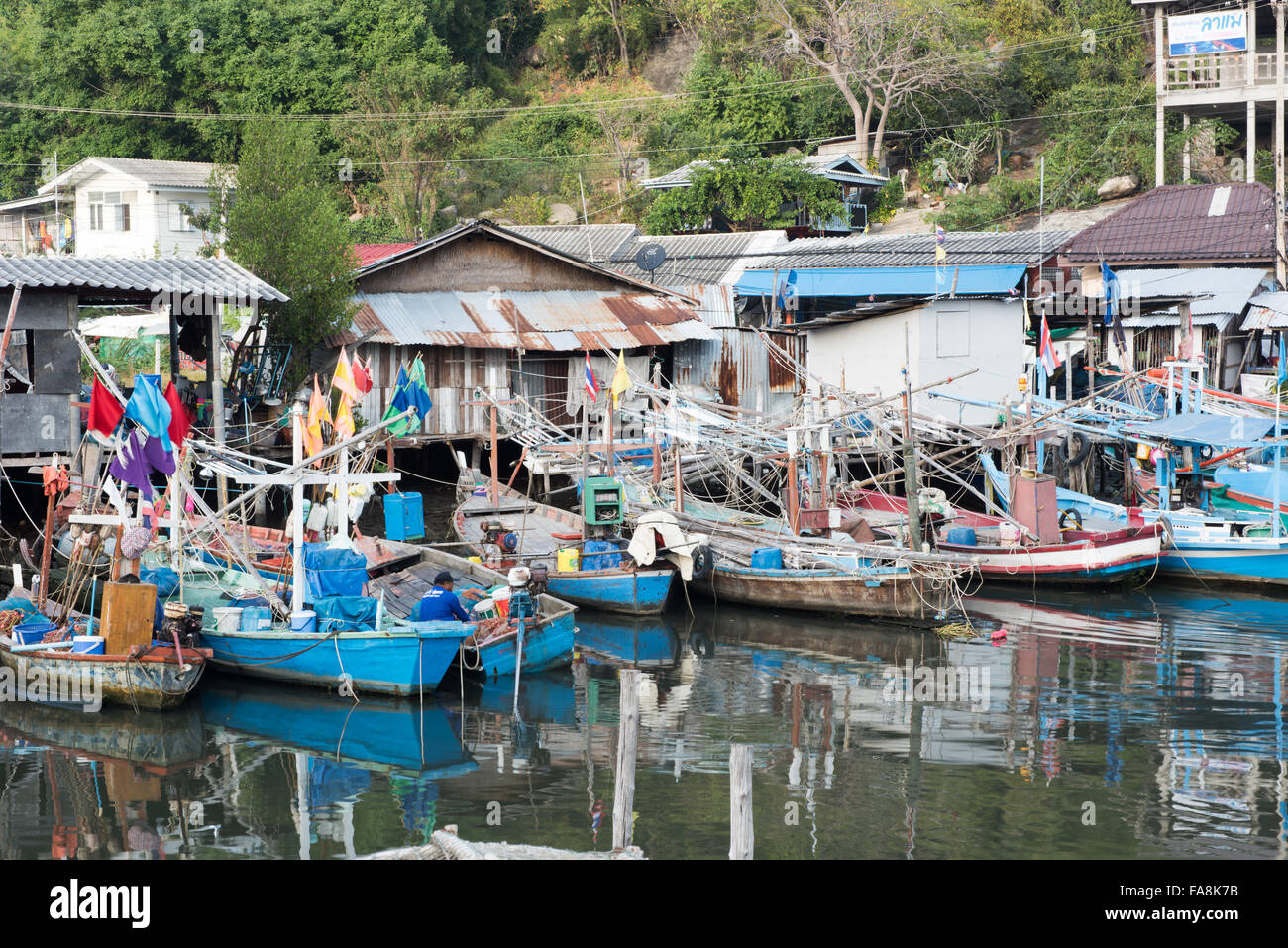 HUA HIN ,THAILAND - Dec23,2015 :Many fishing boats parking in the fishing village,huahin,thailand Stock Photo