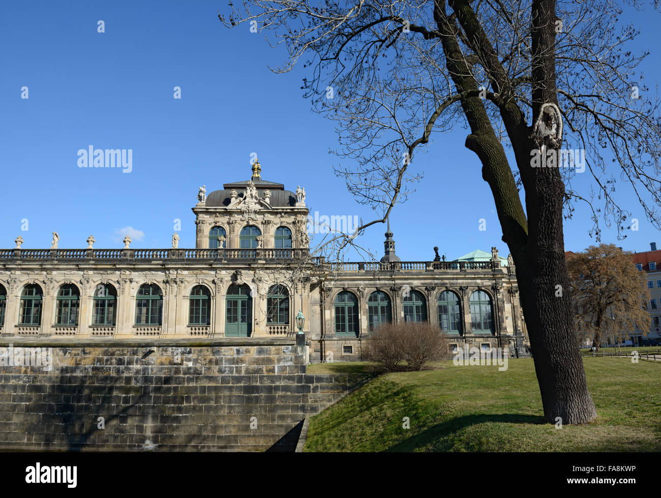 Winter view of south-eastern side of Zwinger with flank of Carillon Pavilion (Glockenspiel Pavilion) from bank of moat Stock Photo