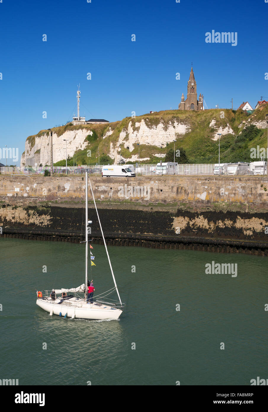 Yacht entering Dieppe harbour, Seine-Maritime, Normandy, France, Europe Stock Photo