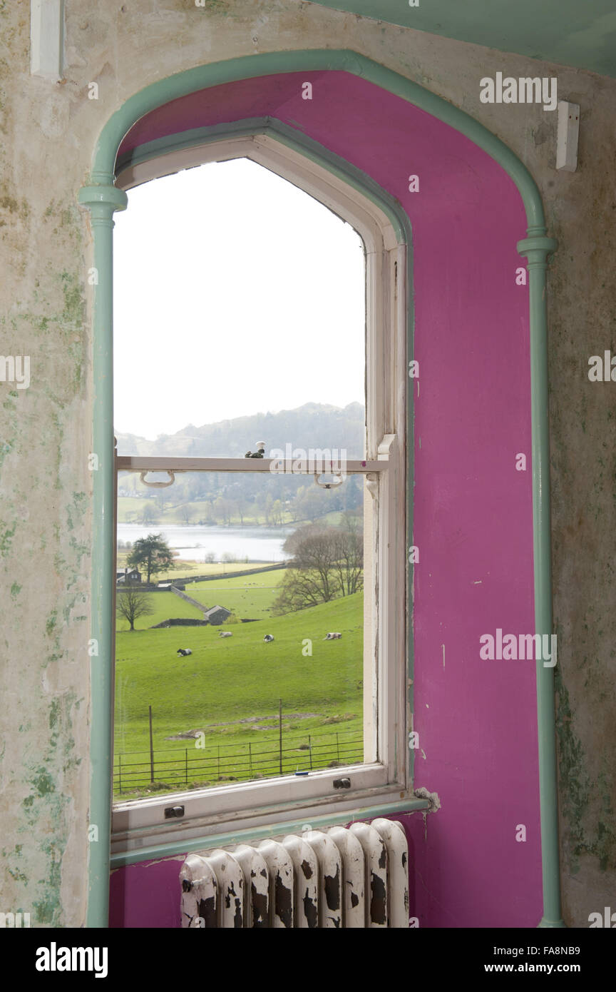 View from a window at Allan Bank, once home to William Wordsworth and left to the National Trust by Canon Hardwicke Rawnsley, at Grasmere, Cumbria. The house is now open to the public for the first time in 200 years and a restoration project is underway. Stock Photo