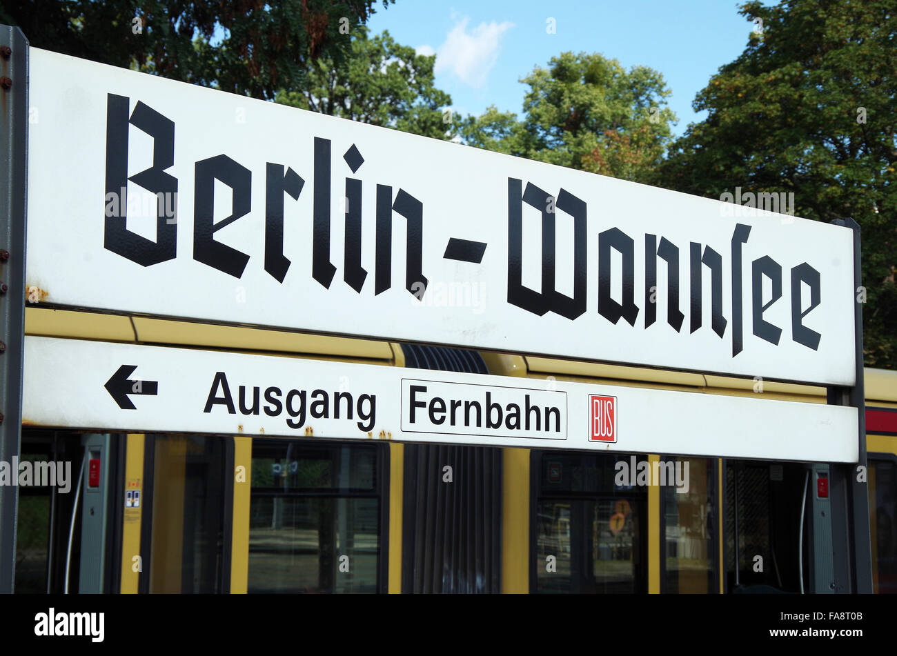 Berlin-Wannsee, railway station sign Gothic script Stock Photo